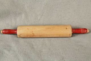 Antique Vintage Wooden Wood Rolling Pin 17 " Red Ribbed Handle Kitchen Farmhouse
