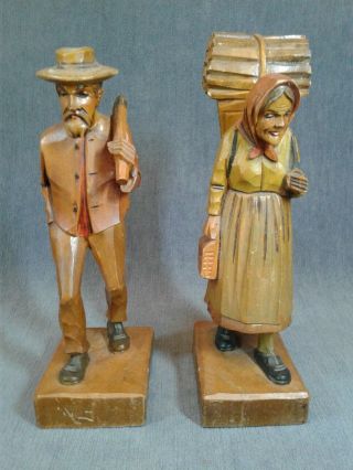Vintage Hand Carved Wood Figures Old Man & Woman Folk Art Figurines