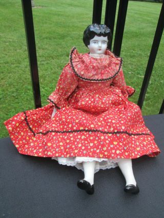 Vintage Handmade Porcelain Doll In Red Calico Dress Black Hair Handpainted Head
