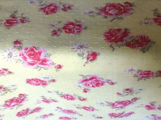 Vintage Flocked Dotted Swiss Fabric Gorgeous Red Roses On Yellow Remnant