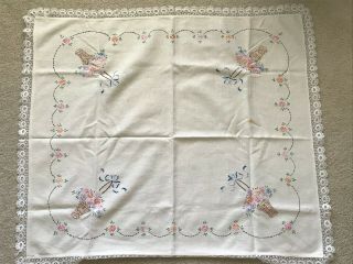 Vintage Embroidered Flower Basket Lace Edging Square Tablecloth Table Covering