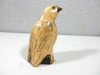 Antique Hand Carved Scrimshaw Bird From Bone,  Horn Or Other - Detail Glass Eyes 4 "