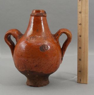 RARE Miniature Small 17thC Antique French Redware 2 - Handle Bottle,  Flask,  Jug NR 2