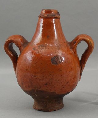 RARE Miniature Small 17thC Antique French Redware 2 - Handle Bottle,  Flask,  Jug NR 3