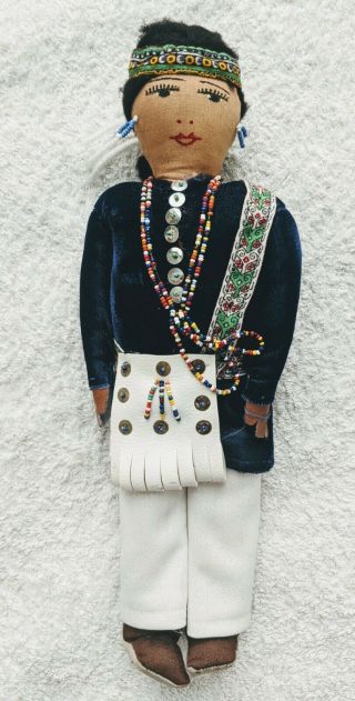 Vintage Navajo Handmade Cloth Doll Blue Velvet Shirt 14 "