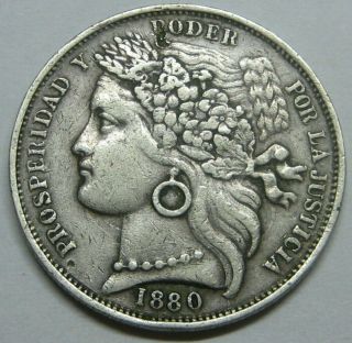 1880 Peru Lima Una Peseta Silver Antique Coin
