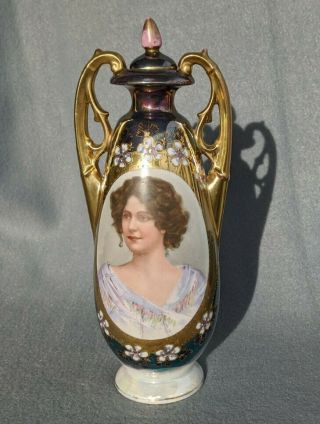 Antique Royal Vienna Lidded Lady Portrait Vase W Gold Accent - Austria Beehive