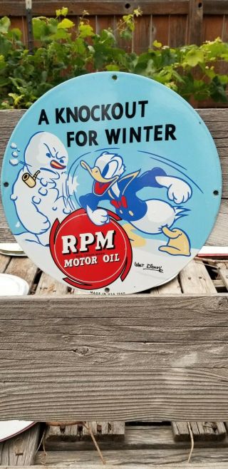 Rare Old Vintage 1940 Rpm Porcelain Sign Gas Motor Oil Donald Duck Walt Disney