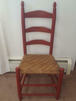 Antique Red Ladder Back Wooden Chair Woven Wicker Seat Primitive Spindles Rustic
