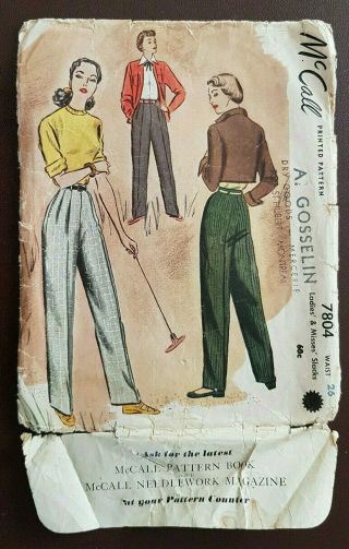 Mc - 7804 Vintage 1940s Slacks Sewing Pattern Mccall Waist 26 Complete Rare