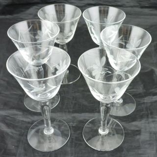 Vintage Flower Etched Liqueur Port Wine Glass Set 6 Barware Glassware Stemware