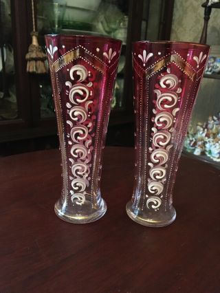 Antique Moser Bohemian Art Glass Cranberry White Gold,  Enameled Vases Pair