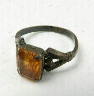 Antique Very Small Silver Tone Ring And Amber Stone No Mark Size 4.  5