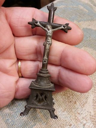 Antique Lead Crucifix Ornate Pocket Shrine Fleur De Lys Statue Footed