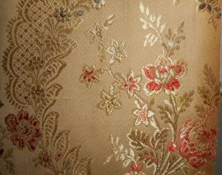 Antique 19thc French Floral Garland Silk Cotton Brocade Jacquard Fabric 1 Aged
