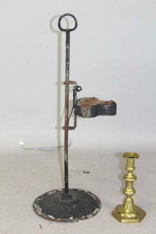 A Rare 18th C Cast Iron & Tin Adjustable Table Top Betty Oil Lamp In Old Surface