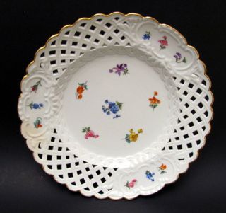 Antique Hand Painted Meissen Reticulated Plate Bowl Floral Crossed Swords