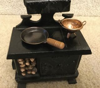 Vintage Dollhouse Miniature Kitchen Black Painted Wood Cook Stove W/accessories