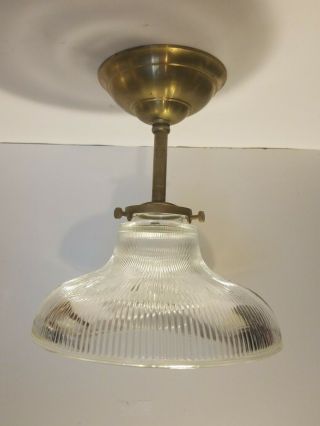 Antique Solid Brass Ceiling Light Fixture With Holophane Glass Shade