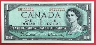 Bank Of Canada 1954 - $1 Canadian Bank Note Serial P/m 0111111 Very Rare Unc