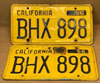 Rare Pair 1956 Yom Dmv Clear Bhx 898 (california) Car License Plate - Vintage