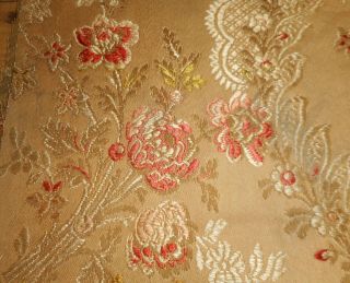 Antique 19thc French Floral Garland Silk Cotton Brocade Jacquard Fabric 2 Aged