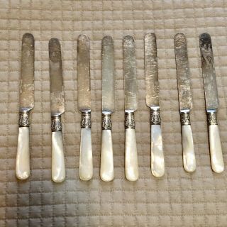 6,  2 Towle Antique Silver P Knives Mother Of Pearl Handles Sterling Bands 8”
