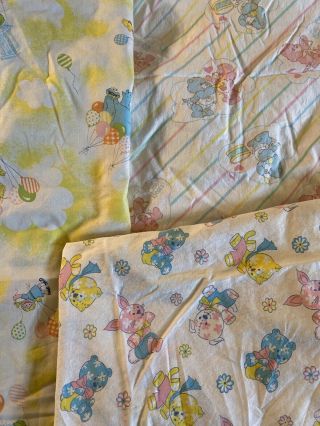 Vtg Three Fitted Crib Sheets,  Care Bears,  Sesame Street,  Stuffed Animals,  Pastels
