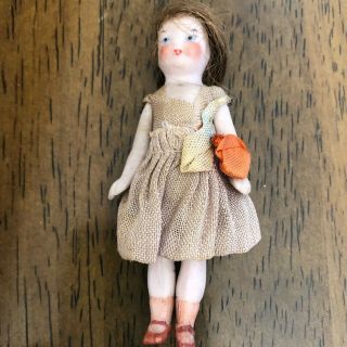 Antique Girl All Bisque Jointed Doll 3” Molded Shoes Wig & Antique Outfit