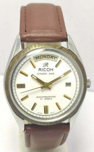 Rare Vintage Japan Made Ricoh Day&date White Automatic 21j Wrist Watch For Men 