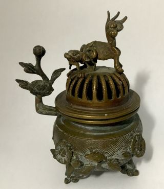 Antique Vintage Chinese Japanese Cast Bronze Foo Dog Incense Burner
