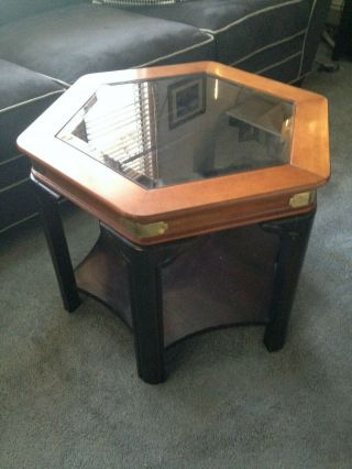 Vintage Mid Century Modern End Table Side Hexagon Glass Nightstand Wood