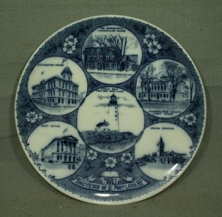 Antique Old Portland Maine Blue White Plate Casco Bay Lighthouse Longfellow Home