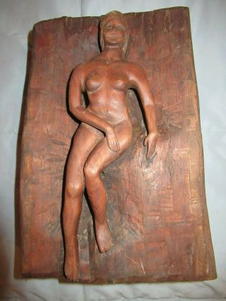 Vtg Hand Carved Folk Art Outsider Art Female Nude In Wood Block 12 " X 8 " X 3,  5 "