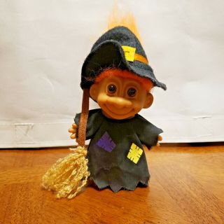 RUSS TROLL DOLL HALLOWEEN WITCH 5.  5” TALL WITH A BROOM ORANGE HAIR 2