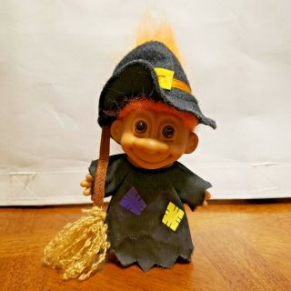 RUSS TROLL DOLL HALLOWEEN WITCH 5.  5” TALL WITH A BROOM ORANGE HAIR 3