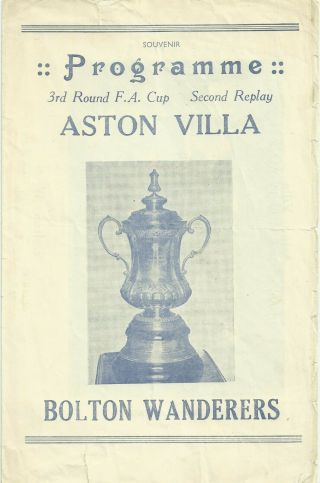 Rare Football Programme Aston Villa V Bolton Wanderers Fa Cup 3rd Round 1949