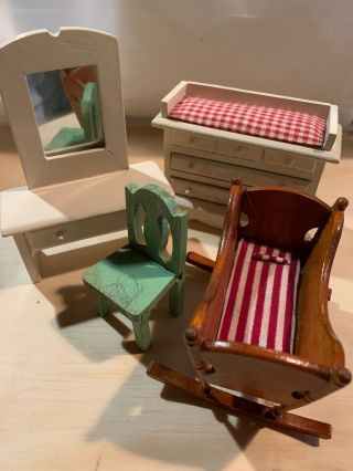 Vintage Miniature Dollhouse Furniture Baby Child Wood Crib Cradle Changing Table