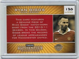 TOPPS PREMIER GOLD Ryan Giggs Man Utd Match Worn Jersey Relic Card Rare /350 3