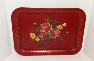 Vtg Hand Painted Flowers Tole Ware Red Floral Metal Serving Tray Country Decor