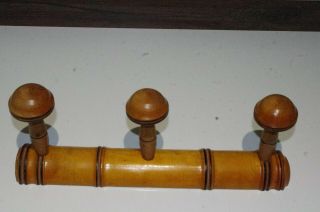 Antique French Wooden Faux Bamboo Coat Hat Hanging Rack Towel Hook 3 Pegs