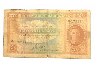 Government Of Malta Banknote Two Shillings King George Vi 1942 Rare