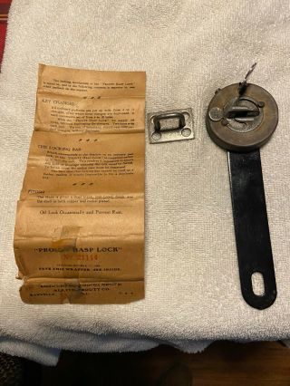 Antique Prouty Hasp Lock With Key,  Patented 1905