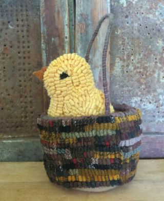 Country Primitive Hook & Loop Baby Chicken Chick In Basket Hand Made Ooak