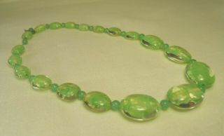 Antique Czech Glass Bead Necklace Czechoslovakian Green Porphyry Givre Glass