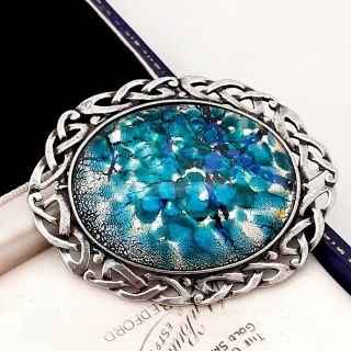 Rare Vintage Blue Green Fire Opal Glass Large Pewter Celtic Scottish Brooch Pin