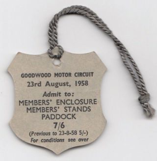 1958 Goodwood Members Meeting Enclosure Paddock Race Ticket Pass Badge Hwm Rare