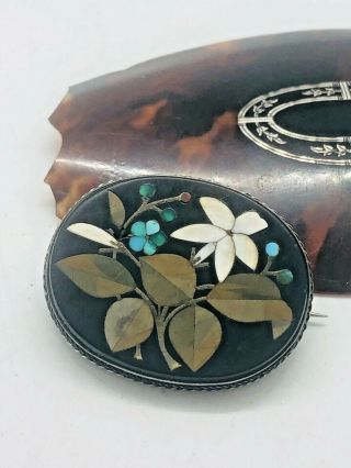 Antique Victorian Pietra Dura Mosaic Silver Framed Brooch Rare Collectable 1860s