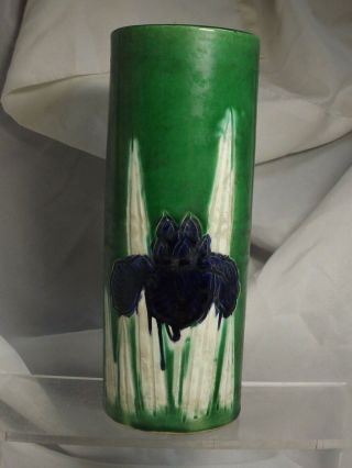 Antique Awaji Studio Japanese Pottery Cylinder Iris 6 3/4 " Vase No Lines No Chip
