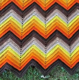 Vintage Afghan Crochet Chevron Ripple Retro 70s Brown Orange Autumn Euc
